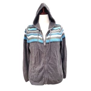 Eddie Bauer women's stripped hooded zippered up sweater w/ pockets cotton XL